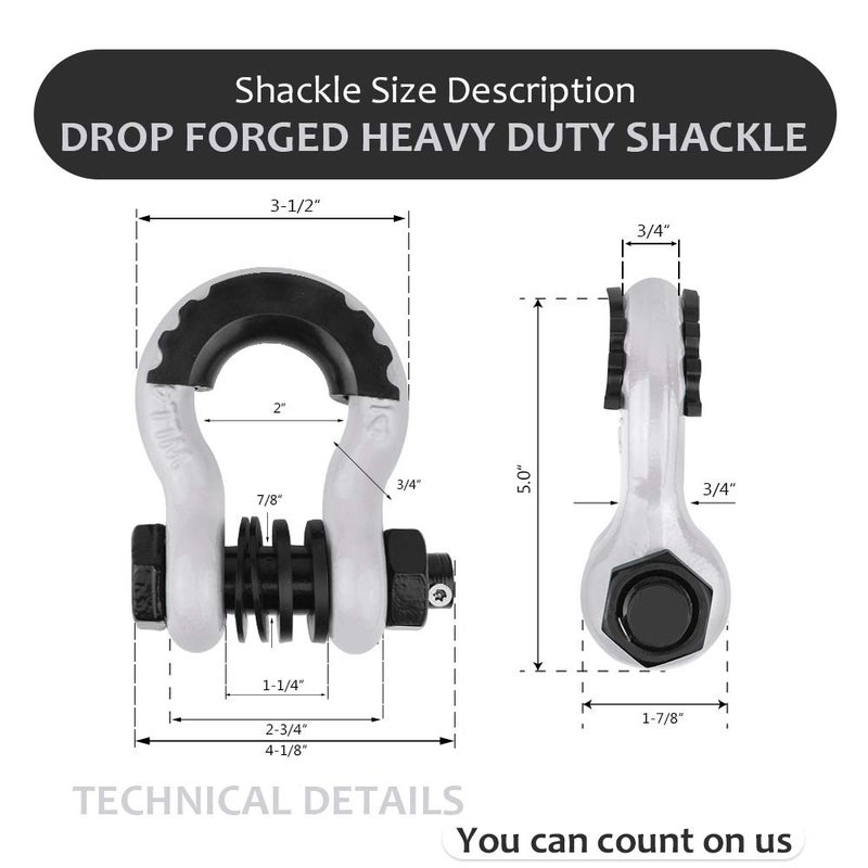 AMBULL Shackles 3/4" D Ring Shackle (2 Pack) 45,000lb Break Strength with 7/8" Pin, Anti Theft Security Screws, Isolator & Washer Kits for Use with Tow Strap Winch Truck Vehicle Recovery, White - Image 3